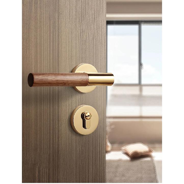 New Chinese Style Indoor Room Bedroom Door Lock  Black Walnut Wood Retro Solid Wood Door Handle Magnetic Suction Silent Lock
