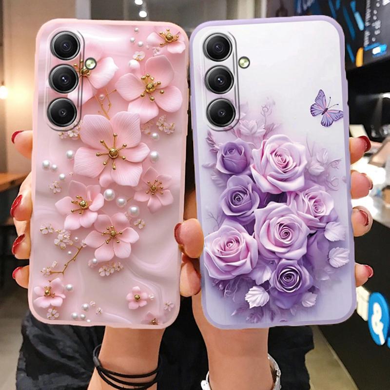 Luxury Flowers Case For iPhone Samsung A55 A35 S24 FE S25 Xiaomi Redmi Note 13 Pro 14C Huawei Honor Shockproof Phone Bumper Anti-Scratch Matte Cover