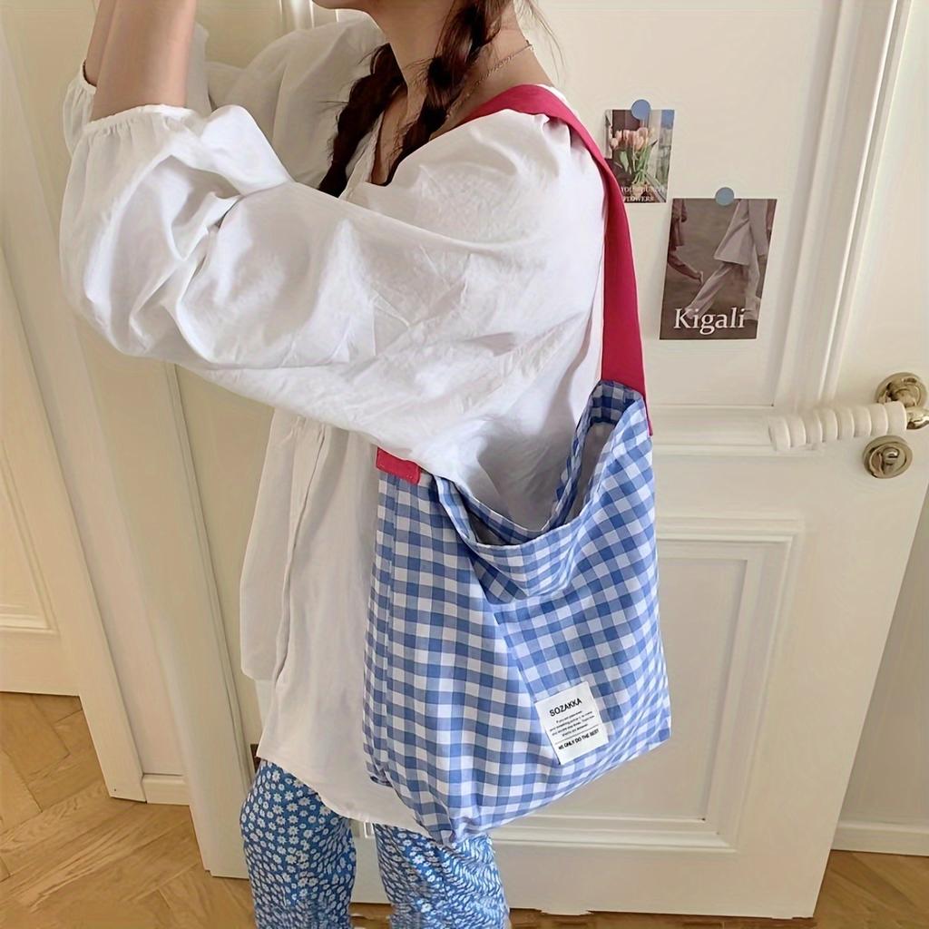 Шикарная клетчатая холщовая сумка-тоут для женщин, большая вместимость, идеально подходит для пляжа, путешествий и шопинга