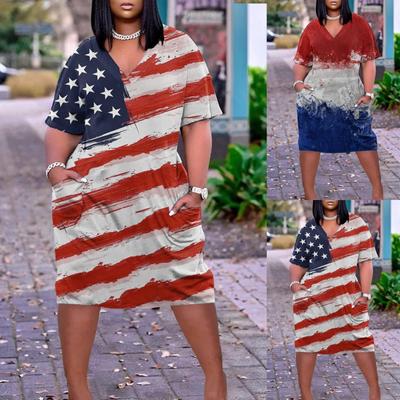 2022 женское летнее платье больших размеров с v-образным вырезом и коротким рукавом с карманом до колена повседневное платье ко Дню независимости