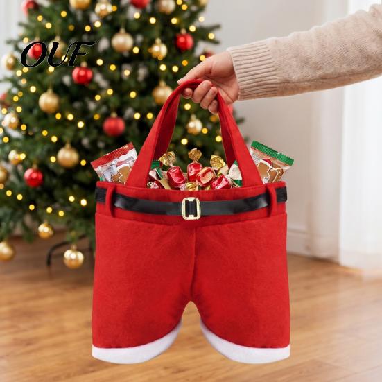 Santa Pants Treat Containers Christmas Gift Bag, Red Plush Candy Tote with Handles Novelty Present Wraps for Wine Bottle, Holiday Party Favor