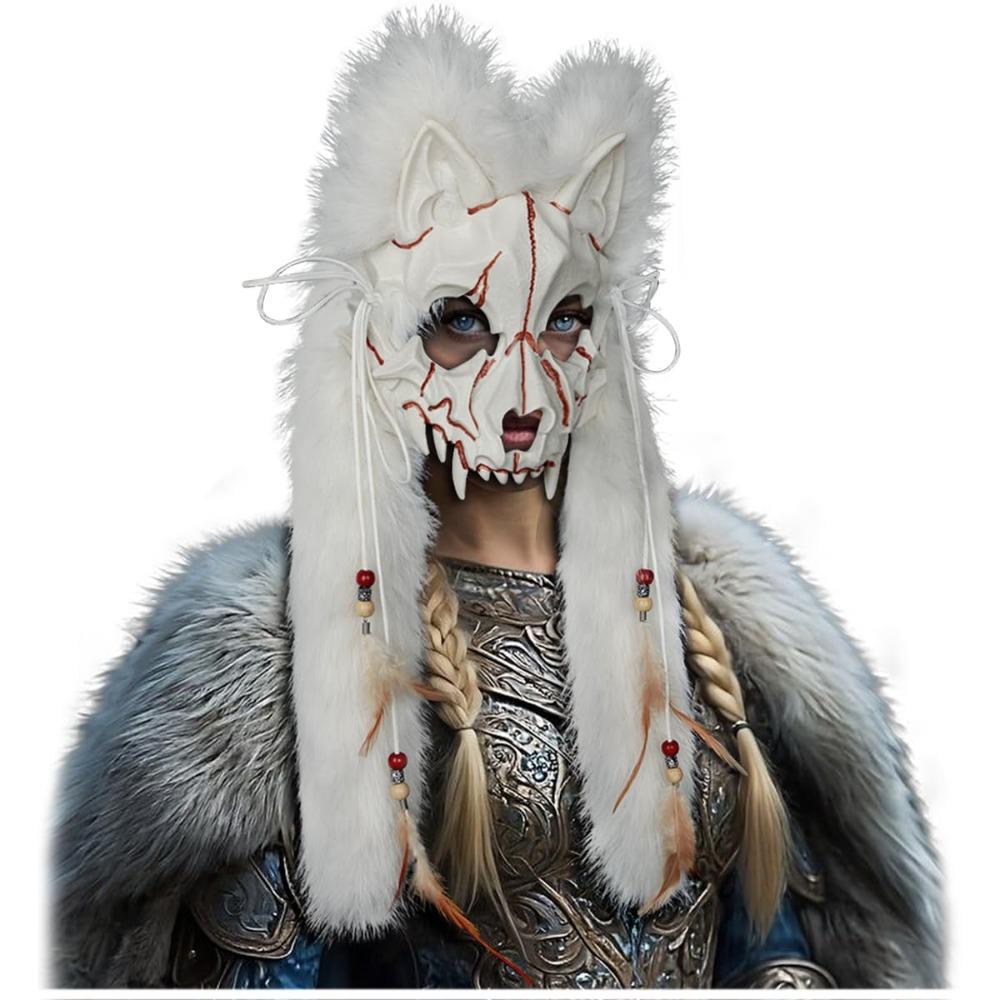 Furry Wolf Mask Viking Fur Fox Mask Wendigo Headdress Masque Carnival Party Halloween Werewolf Costume Barbarian Cosplay Props