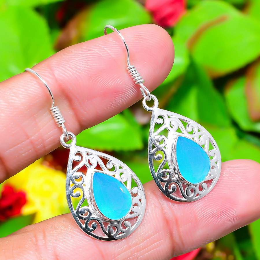 Подарочные серьги из стерлингового серебра 925 пробы с натуральным аква-халцедоном 1,65 дюйма c6w47