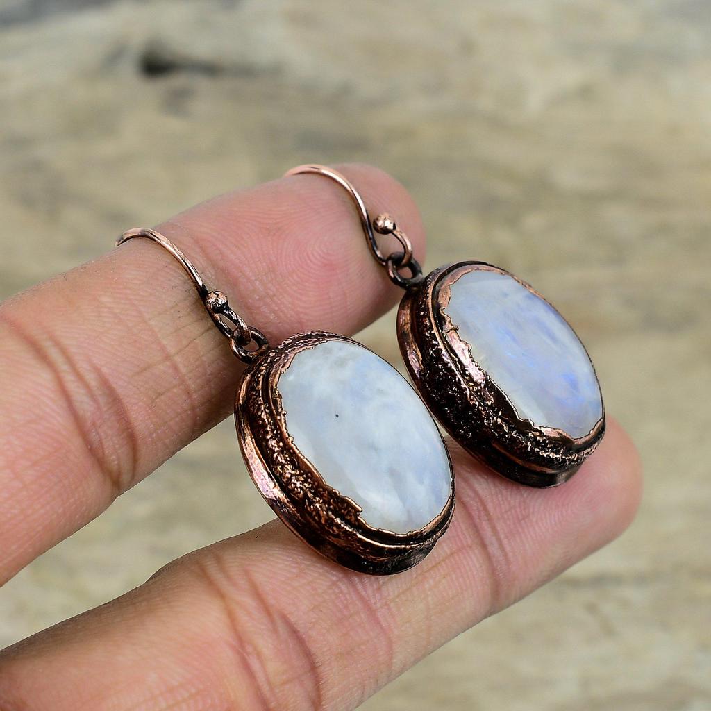 Серьги из радужного лунного камня, медные серьги, изготовленные методом гальванопластики, ювелирные изделия из натуральных драгоценных камней, серьги ручной работы, ювелирные изделия из гальванической меди, подарки для мамы