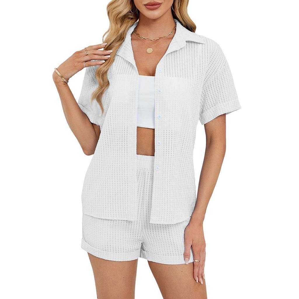 Женская повседневная однотонная рубашка с короткими рукавами, топы, шорты, домашняя одежда, комплект из двух предметов