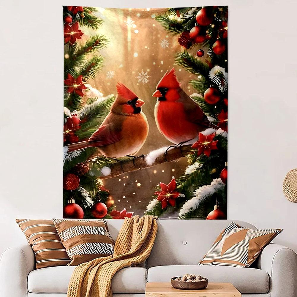 Two Red Cardinal Birds On Snowy Branch Christmas Ornaments Pine Warm Wall Tapestry Holiday Decor Living Room Gift