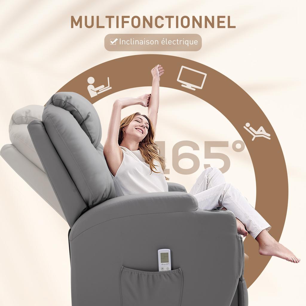 Reclining Massage Chair, Adjustable Backrest, Electric Footrest, Synthetic, Grey