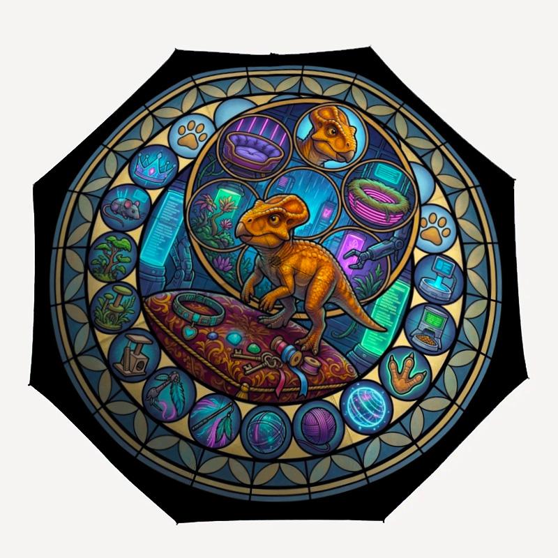 Dinosaur Kingdom Glass pattern umbrella, portable and foldable design, 8 ribs, a casual accessory for Halloween, Christmas, and birthday gifts.