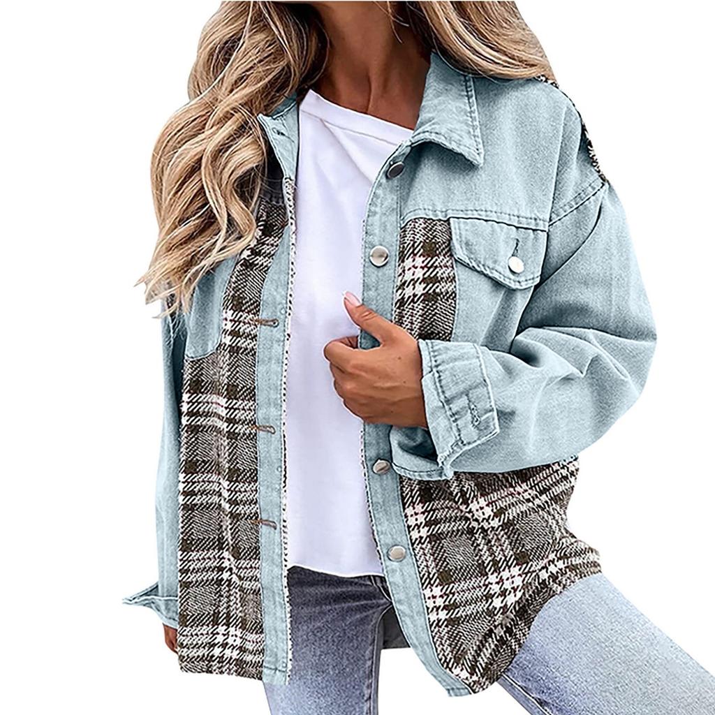 Womens Long Sleeve Denim Jacket Plus Size Basic Lapel Button Down Cropped Casual Jean Jackets Trucker Coats Jacket
