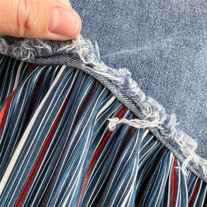 Юбка-полуторка светло-синего денима из хлопка с необработанным краем, плиссированная, с заклепками, с высокой талией, юбка-миди