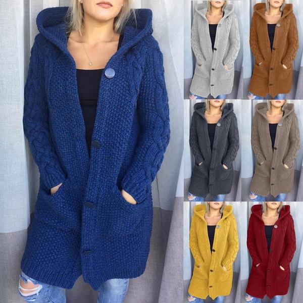 Women Winter Fashion Long Sleeve Solid Color Knitted Hooded Sweater Cardigan Open Front Long Cardigan