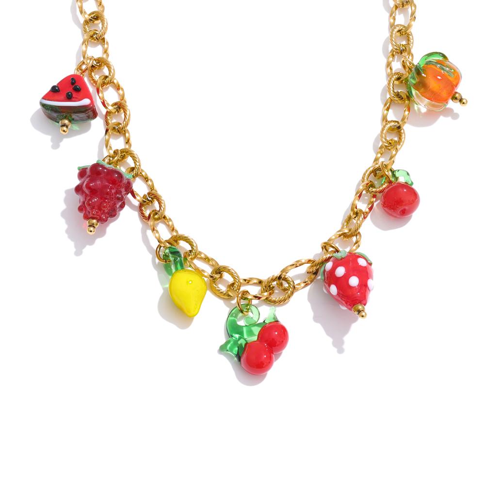 Yhpup Sweet Spring Summer Colored Glaze Fruit Charm Pendant Necklace Gold Color Stainless Steel Trendy Jewelry for Girls Ladies