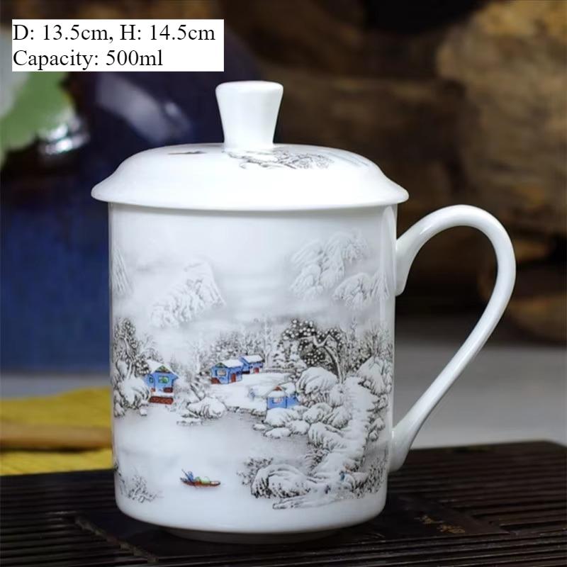 Jingdezhen Blue and White Porcelain Mug 500ml Chinese Dragon with Lid for Office Tea and Coffee