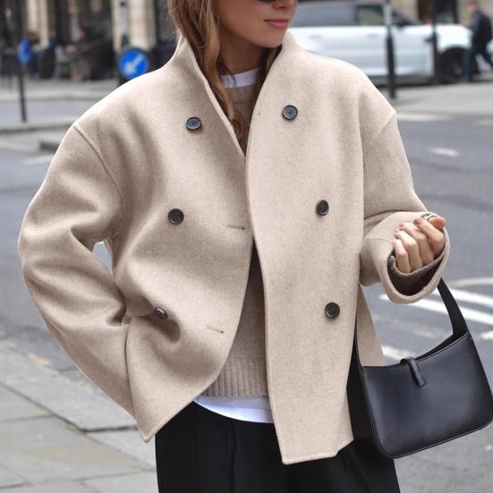 Женское зимнее укороченное шерстяное пальто двубортное нарядное жакет осень повседневный длинный рукав короткое пальто-бушлат