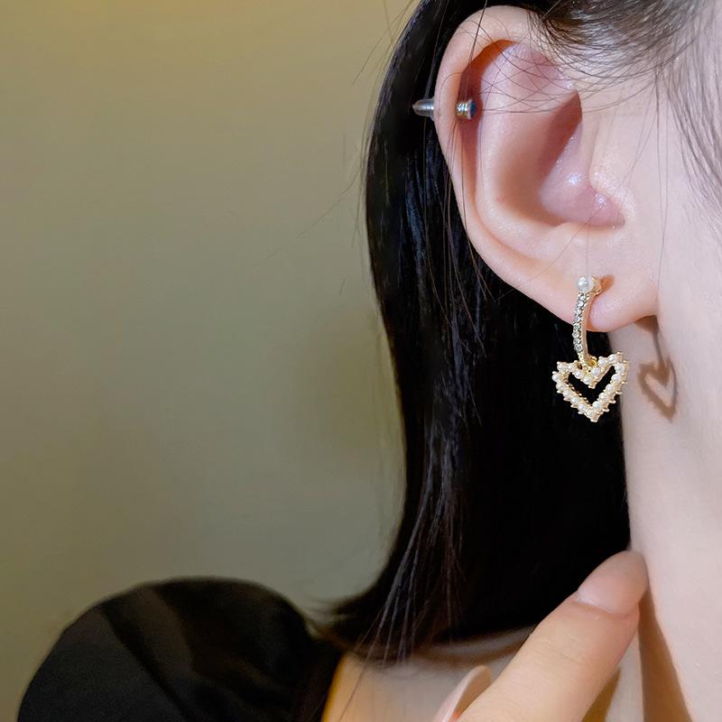 Серьги-сердечки из серебра 925 пробы с роскошным жемчугом и цирконием — универсальный, элегантный корейский стиль для женщин