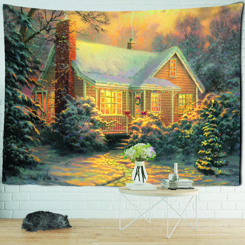 Рождественская снежная ночь, карта путешествий, гобелен, настенный психоделический лесной дом, иллюстрация, домашний декор для гостиной