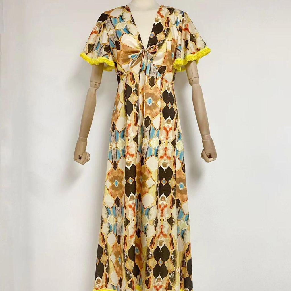 Женское длинное платье с V-образным вырезом, кисточками и открытой спиной, со шнуровкой на талии, осень 2023 г.