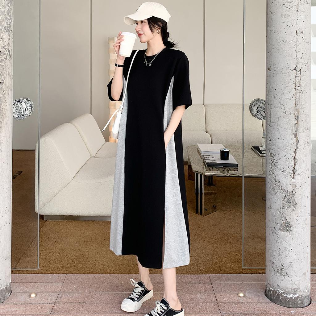 Dimanaf 2023 Plus Size T-Shirt Dress Summer Women Cotton Dress Loose Beach Casual Female Mesh O-Neck Striped Print Short Sleeve Thin Long Dress