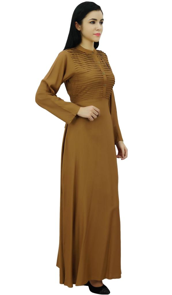 Bimba Women's Long Sleeve Maxi Mandarin Collar Plain Jilbab Dress With
