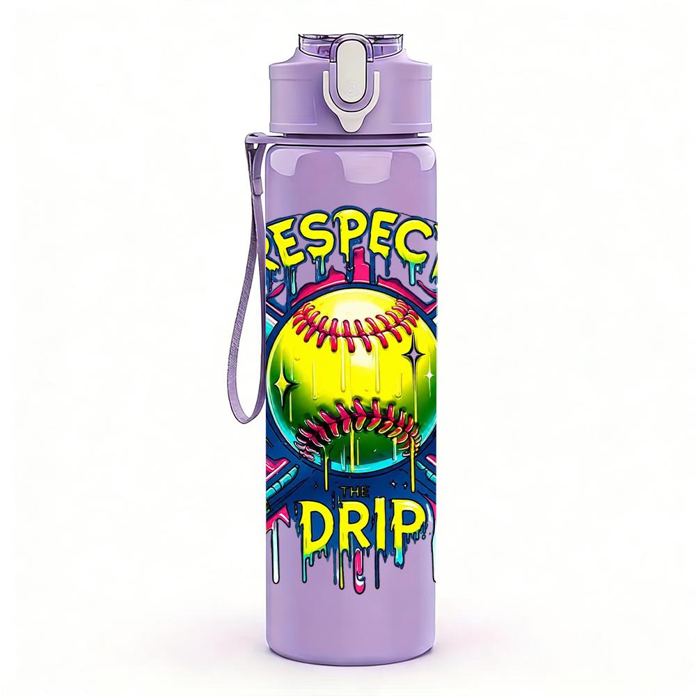 1PC Softball Respect Drip Letter Art 750ml Color Plastic Water Bottle Leakproof Flip Straw Lid For Sports Office Home Use