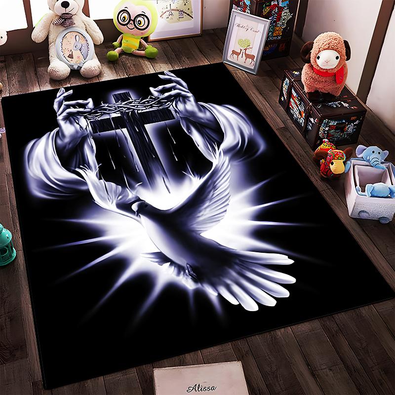 Crescent Cross & Dove Artwork Rug Non-slip rug suitable for living room and bedroom sofas.