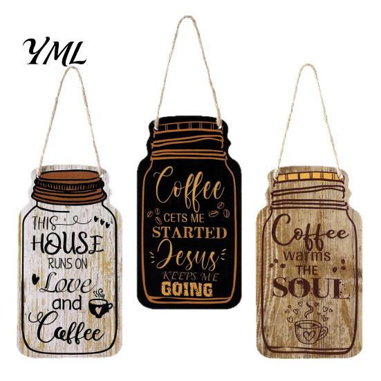 Vintage Kitchen Wall Accents 3Pcs Wooden Mason Jar Hanging Sign, Rustic Coffee Theme Decor with Plaque Hemp Rope, Decorative Pendant for Farmhouse Bar