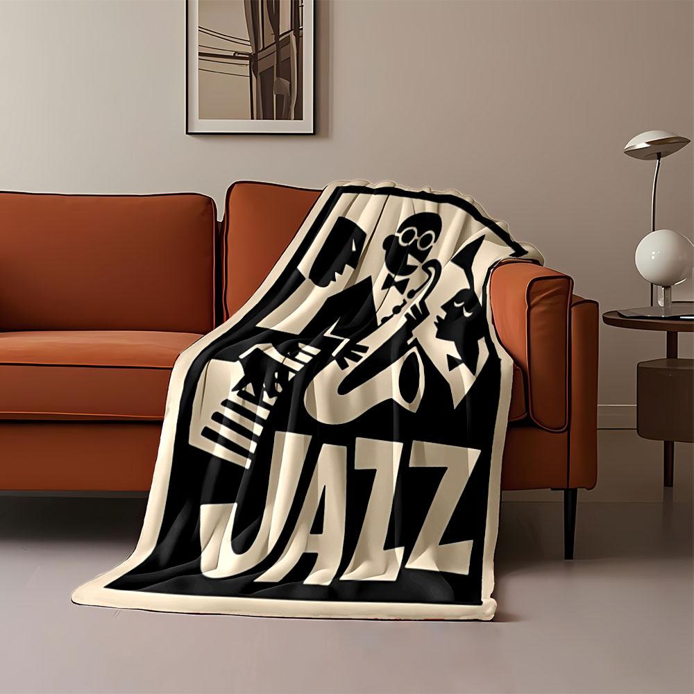 Stylized musicians with instruments and the word "JAZZ" in bold typography. for all seasons blanket lunch break throw gift