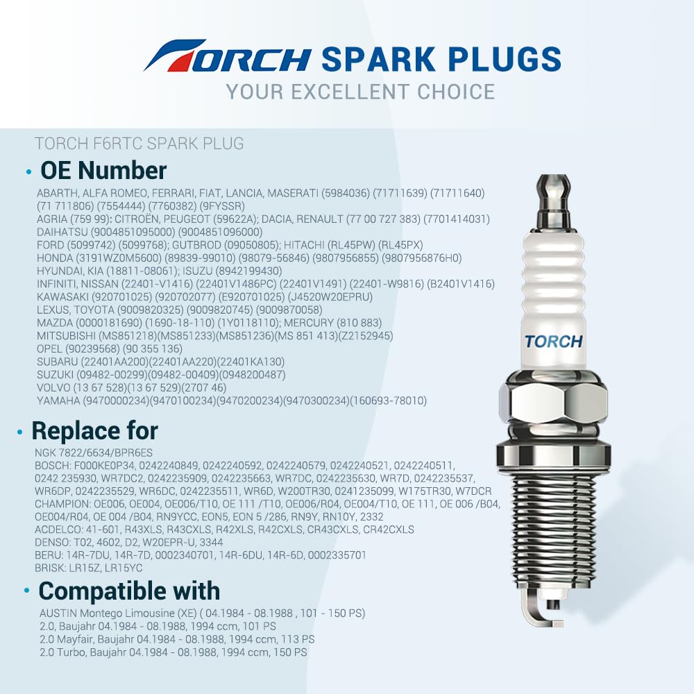 4 шт. TORCH F6RTC сменные для свечей зажигания NGK BPR6ES, BOSCH WR6DC/WR7DC CHAMPION RN9YC RN10YC W20EPR-U MTD 951-10292/751-10292,