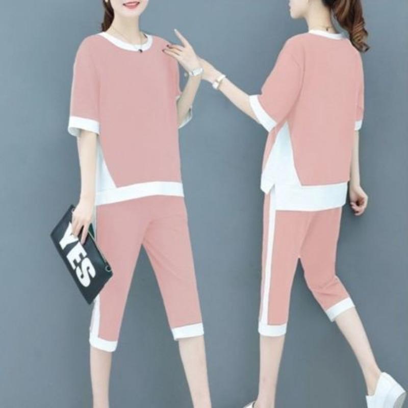 Летняя корейская спортивная одежда, новый темпераментный повседневный костюм, женский большой размер, укороченные брюки с короткими рукавами, комплект из двух предметов