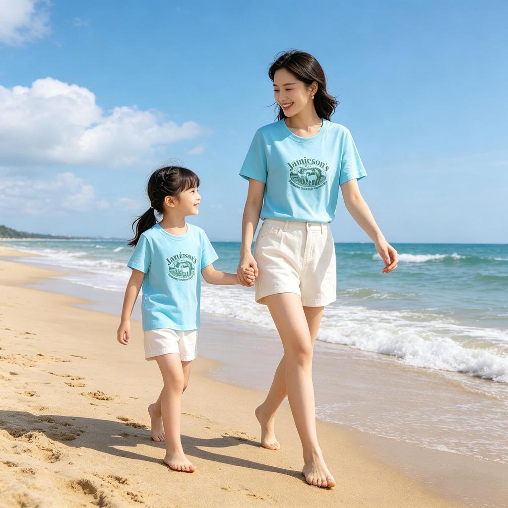 100% Cotton Lamb Print Mother-Daughter Matching Short Sleeve T-Shirt - Round Neck, Casual Top