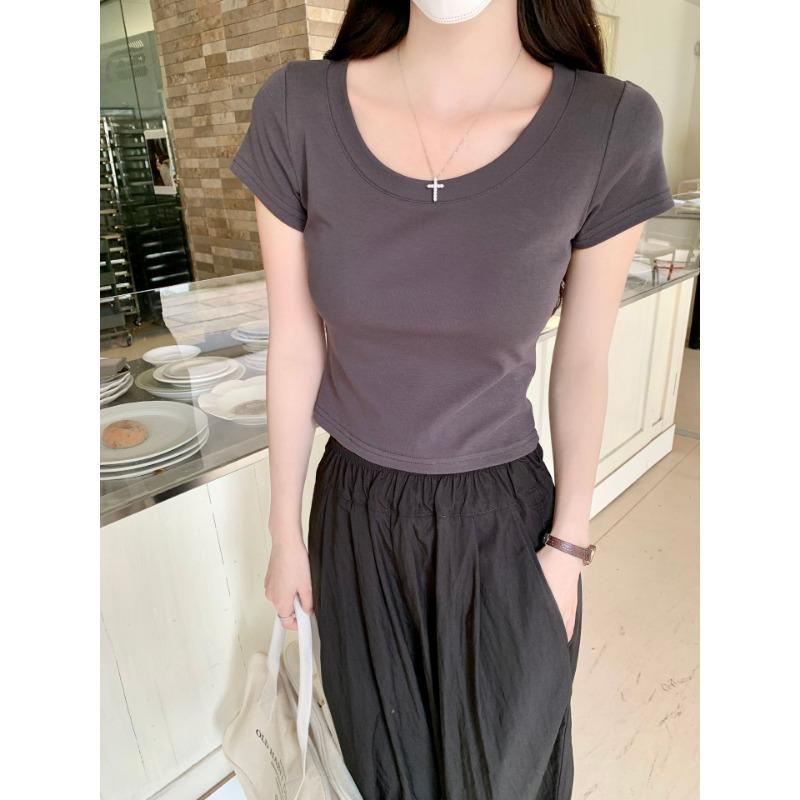 Футболка из чистого хлопка с U-образным вырезом спереди и короткими рукавами для женщин, летняя, новая, маленькая, короткая, облегающая, топ