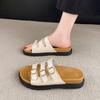 Large Size Sandals Women's Fashionable Three-breasted Buckle Belt Summer Wear Flat-bottomed Open-toed Boken Slippers