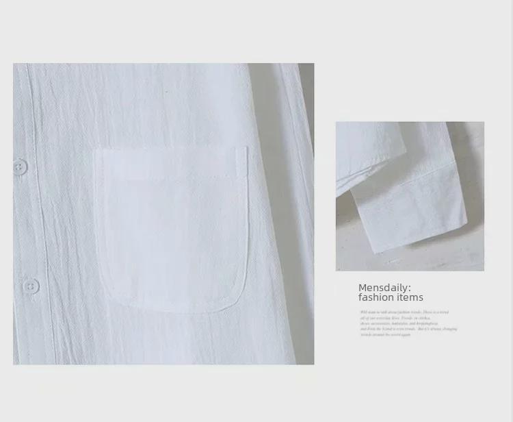 Мужская рубашка облегающего кроя из льна и хлопка в японском стиле в стиле ретро, с длинным рукавом, воротником-стойкой, повседневным универсальным дизайном.