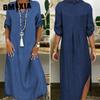 GMXIA Летнее джинсовое платье для женщин, повседневные весенние синие макси-платья с V-образным вырезом и рукавом до локтя, большие размеры, длинные платья с разрезом
