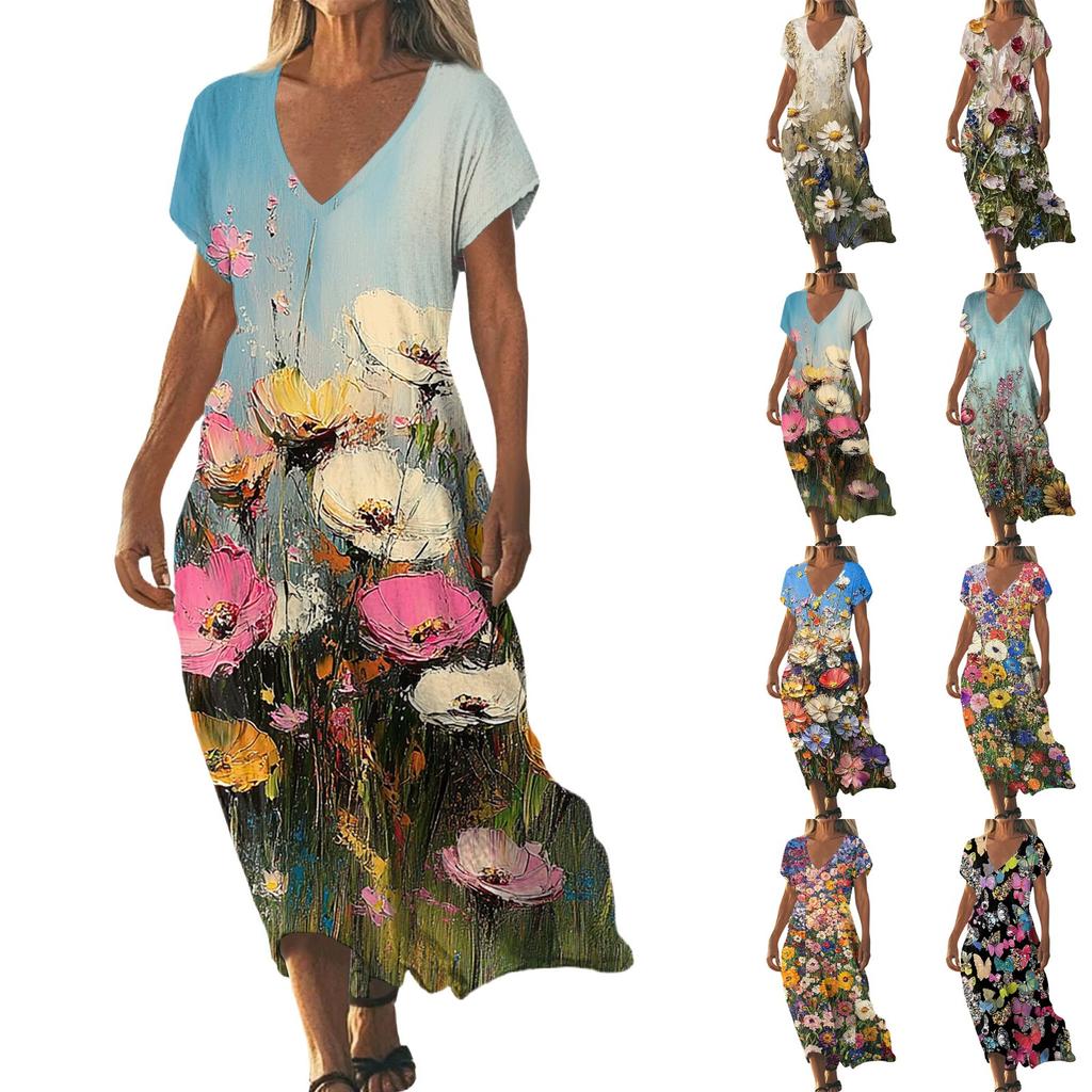 Fashion Women's Summer V-neck Short Sleeve Cotton And Linen Vintage Floral Print Beach Dress