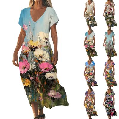Модное женское летнее пляжное платье с V-образным вырезом и коротким рукавом из хлопка и льна с винтажным цветочным принтом