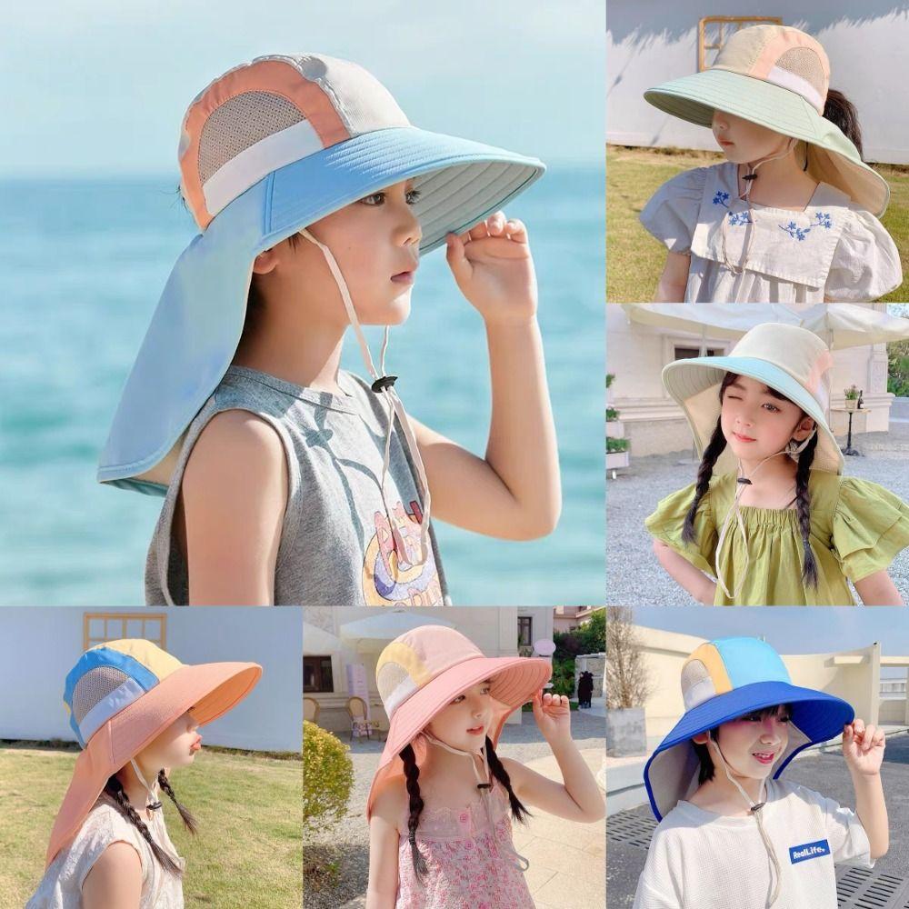 New Neck Flap Baby Sun Hat Polyester with Strap Bucket Hat UV Protection Breathable Wide Brim Beach Hats for Boys Girls