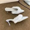 Мех Женские Туфли на Высоком Каблуке Шлепанцы Острый Носок Слингбэк Мюли Обувь Сексуальные Лодочки 2025 Зима Дизайнерская Роскошная Обувь Ботильоны Женские