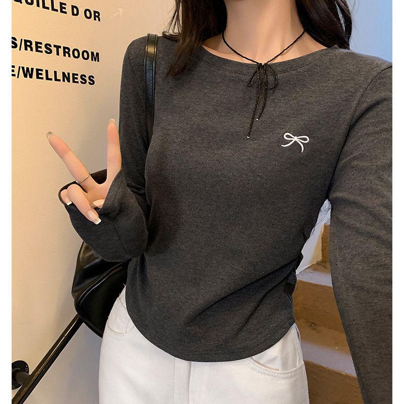 Женский топ с круглым вырезом, вышивкой бантом, длинными рукавами и плиссировкой, ранняя осень