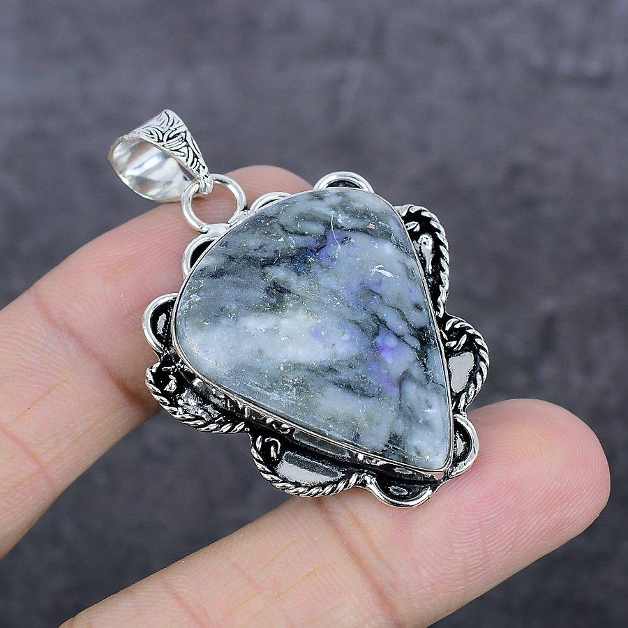 Pinolith Gemstone Handmade 925 Sterling Silver Jewelry Pendant 1.97" H7Q05