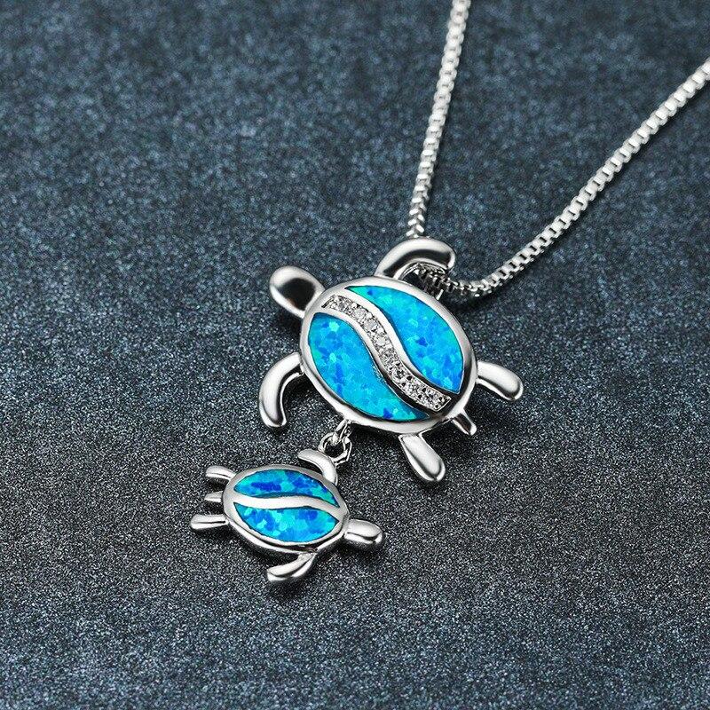 Cute Mom and Baby Turtle Pendants Necklace Blue Opal Stone Animal Necklaces For Women 925 Sterling Silver Chain Wedding Necklace