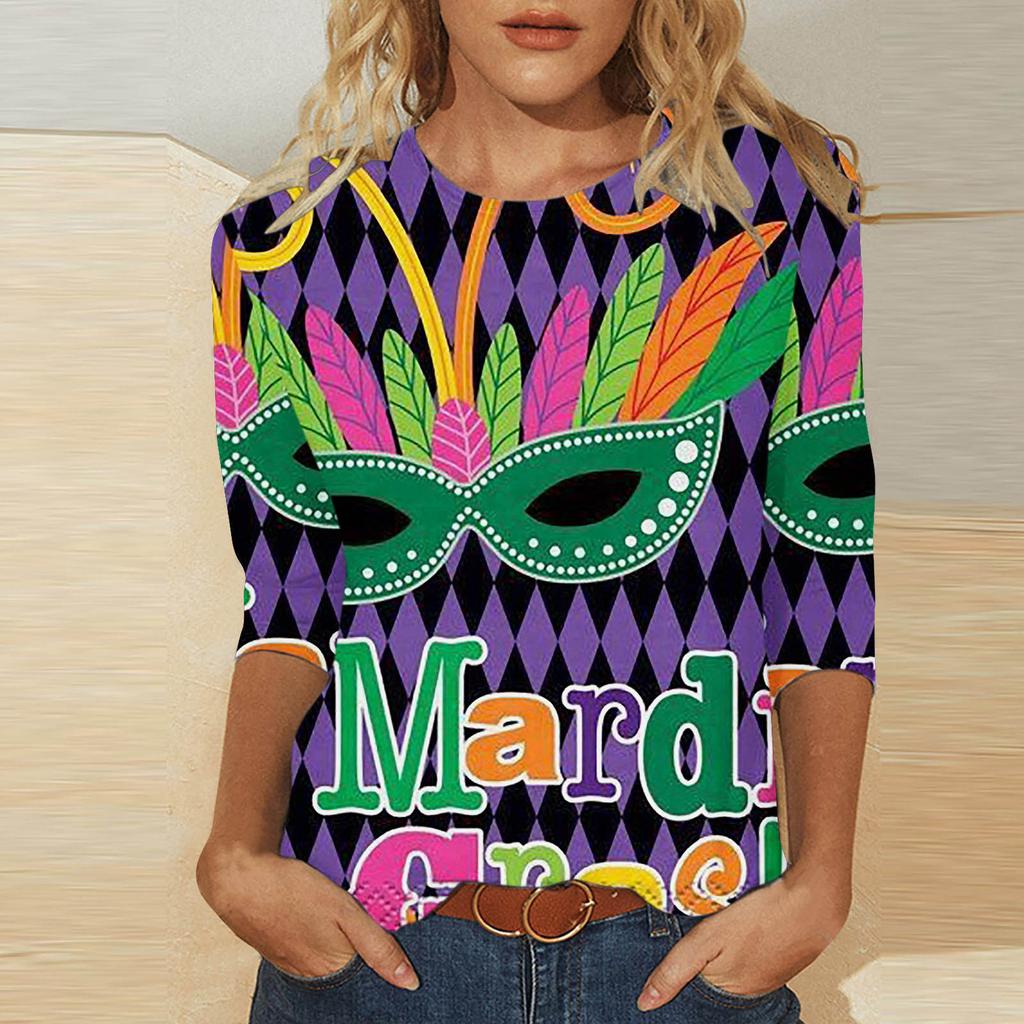 Круглый вырез 3D Карнавальная маска Печатный топ Модные повседневные длинные рукава женские футболки