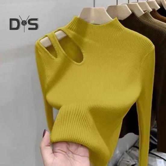 Women Fall Winter Top Thick Knitted Half High Collar Long Sleeve Slim Fit Solid Color Hollow Out Elastic Pullover Soft Warm One Size Lady Sweater