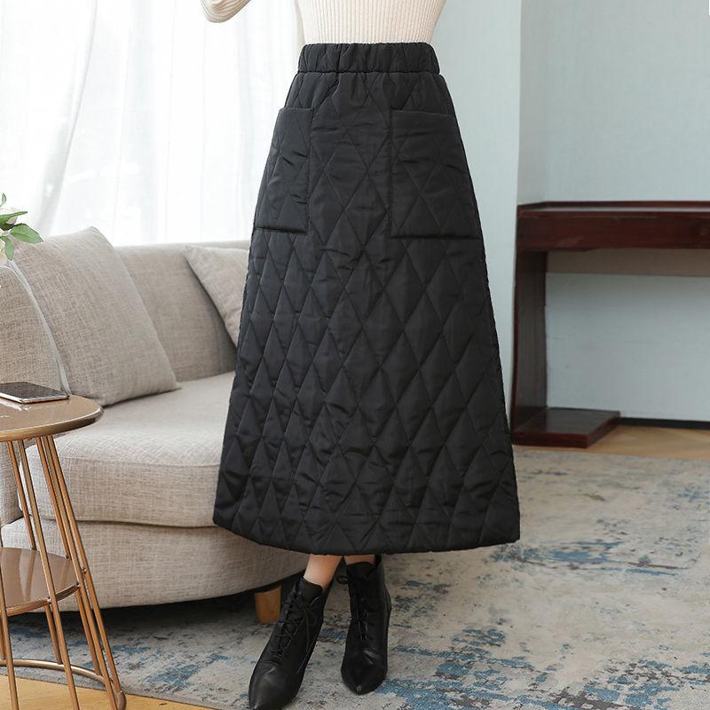 Winter and Autumn New Thickened Warm Cotton Elastic High Waist Slim Pocket Skirts Black