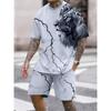2024 New Crew Neck Short Sleeve T-shirt Fashion Shorts Set 3D Lion Print Short Sleeve Shorts 2-piece Men's Summer Sports Set