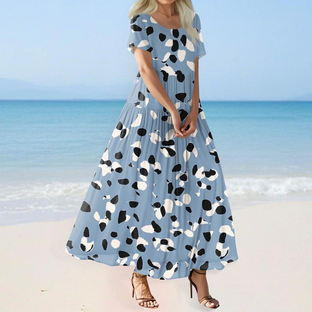 Women's Summer Casual Floral Print Short Sleeve O Neck High Waist A Line Tiered Flowy Boho Maxi Dress