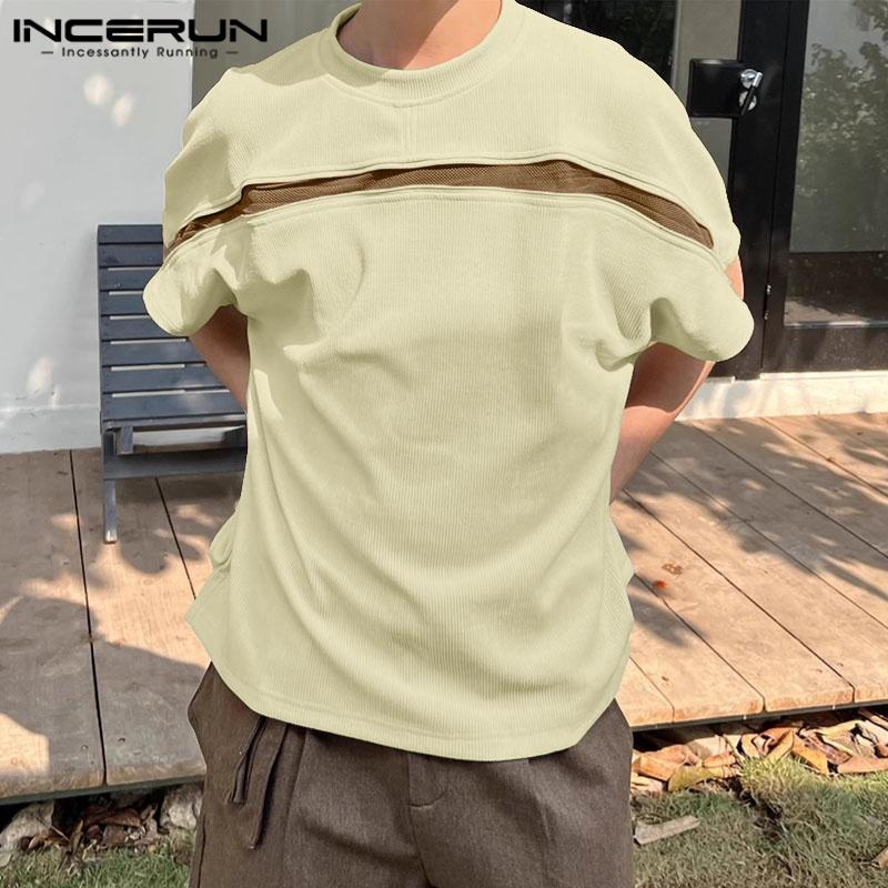 INCERUN Men Short Sleeve Hollow Patchwork Zip-up Casual Loose T-shirts