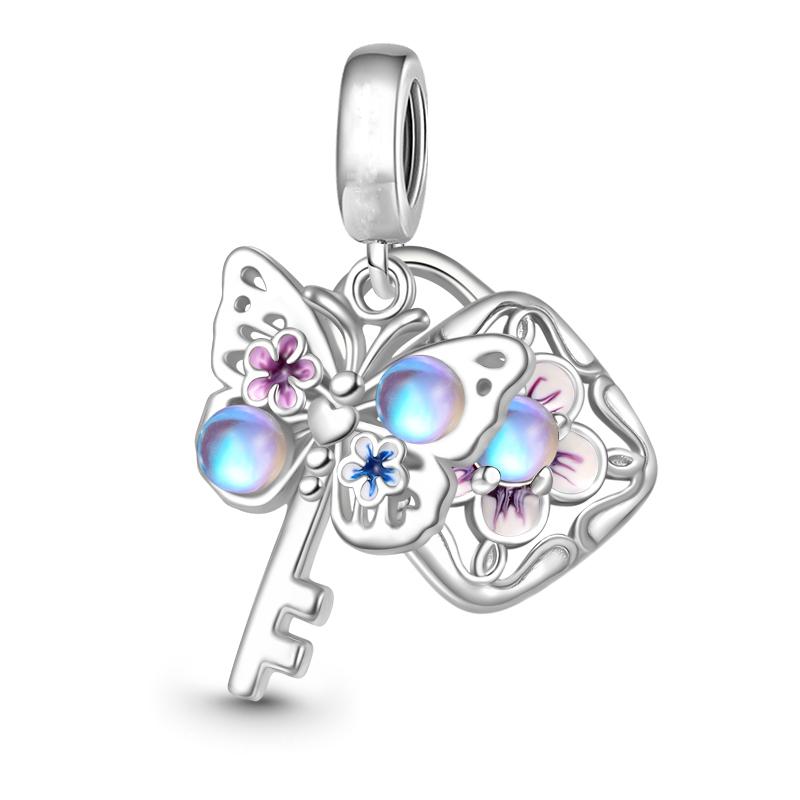New Copper Fluorescent Purple Butterfly Flower Key Leaf Charm Bead Diy Pendant Fit For Original Diy Bracelet Women'S Jewelry