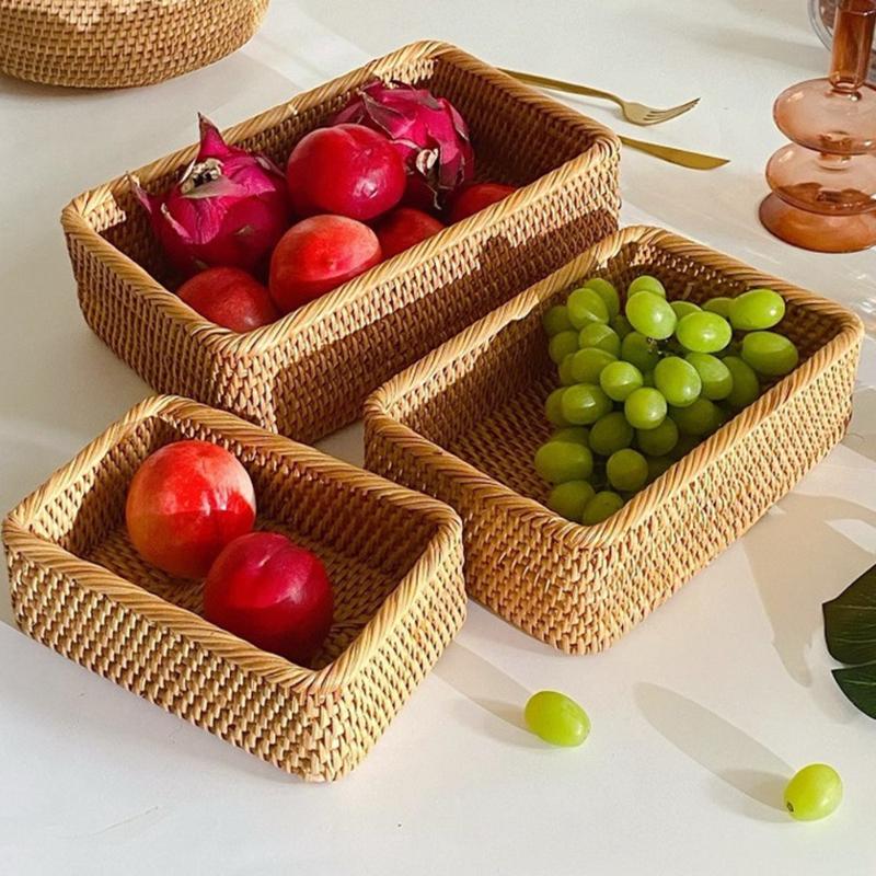 Прямоугольная плетеная корзина из ротанга ручной работы, фруктовый чай, закуска, хлеб, пикник, косметический ящик для хранения, кухонные принадлежности, бытовые инструменты