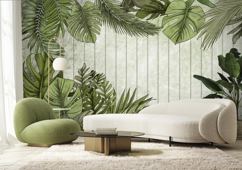 Wallpaper Exotic leaves on a background of boards